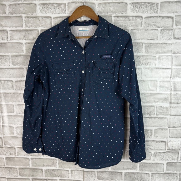 Columbia PFG Super Bonehead Navy Blue Polka Dot Fishing Shirt Womens MEDIUM - Picture 2 of 10